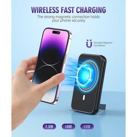 for Magnetic Power Bank, 6800mAh Wireless Portable Charger with PD30W Fast Charging, Battery Pack Built-in 2 Output Cables for iPhone 15/14/13/12 Series(Black)