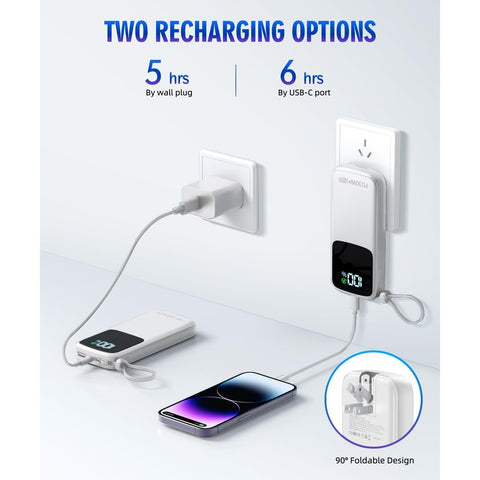 15000mAh Portable-Charger Power Bank Supports PD 30W Fast Charging Built-in AC Wall Plug and 2 Output Cables with LED Display for Most Electronic Devices(White)