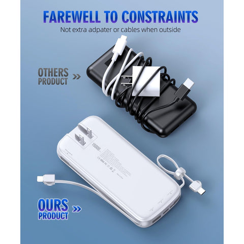 Portable Charger, 15000mAh Battery Pack Fast Charging Lightweight, Built-in AC Wall Plug and 2 Output Cables with LED Display for iPhone15 14 13 12 11 Samsung iPad etc(White)