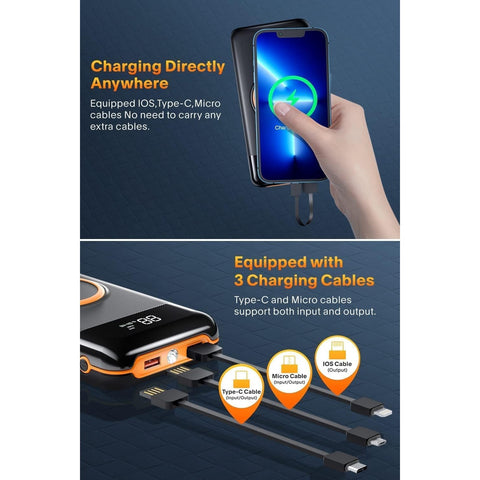 Portable 40,000mAh Mobile Power Charger with Flashlight, 5V3.1A Rapid Charger, Built-in Output/Input Cable, 10W Wireless Charger for Smart Devices and Cell Phones (Orange)