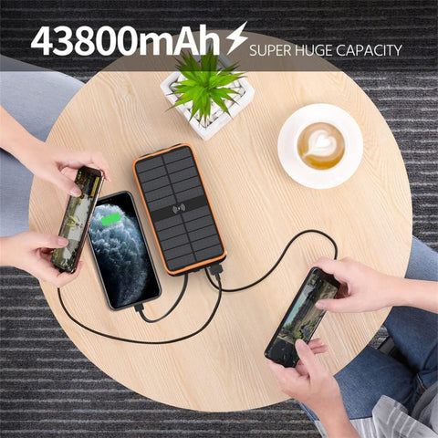 Solar Portable Charger, 43800mAh Qc3.0 Quick Charger, Qi 10W Wireless Charging, Built-in 2 Output Cables and Strong Flashlight