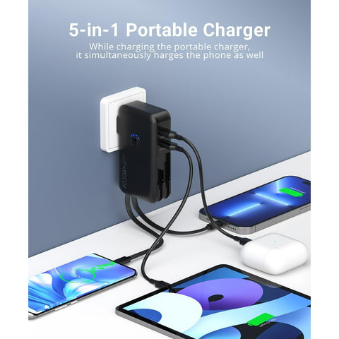 Portable Charger,  16000mAh Power Bank Built-in AC Wall Plug and Cables, PD 30W and QC4.0 Fast Charger for iPhone and Android Phones and Most Electronic Devices