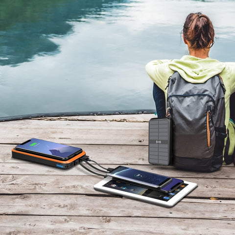 Solar Portable Charger, 43800mAh Qc3.0 Quick Charger, Qi 10W Wireless Charging, Built-in 2 Output Cables and Strong Flashlight