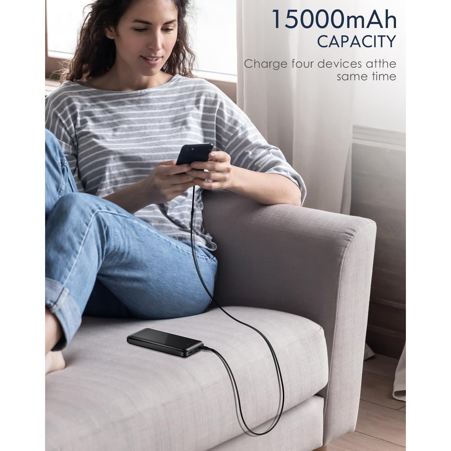 Portable-Charger - 15000mAh Dual USB Power Bank Output 5V3.1A Fast Charging Portable Charger Compatible with Smartphones and All USB Devices (Black)