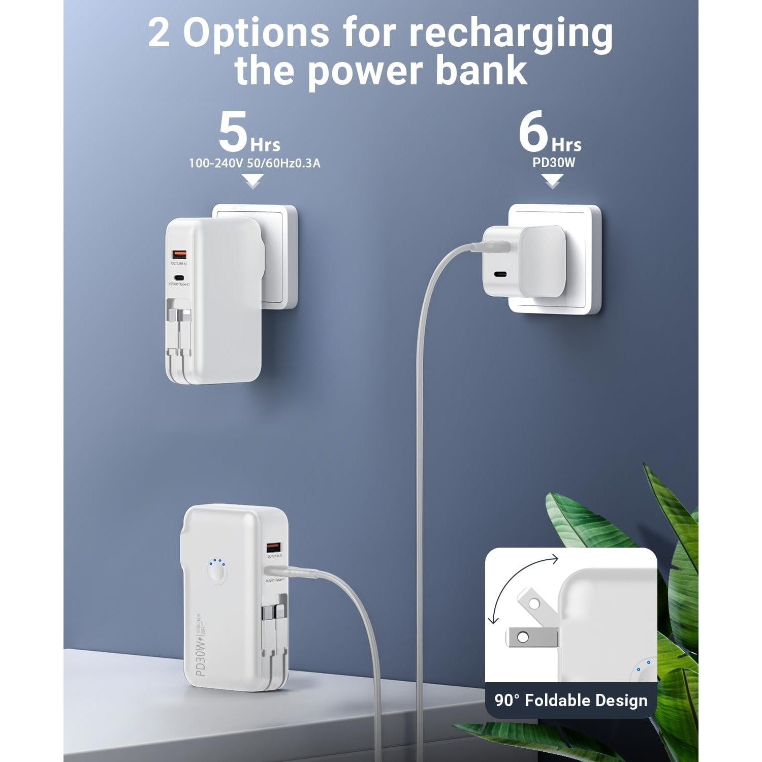Portable Charger,16000mAh Power Bank Built-in AC Wall Plug and Cables, PD 30W and QC4.0 Fast Charger for iPhone and Android Phones and Most Electronic Devices (White)