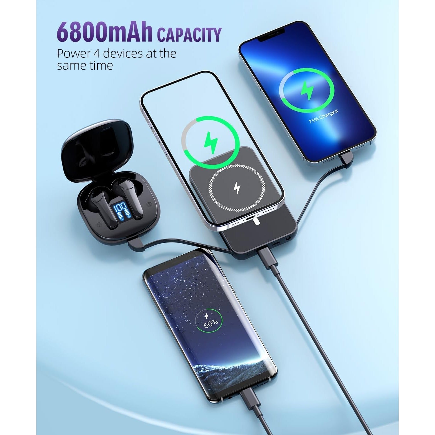 for Magnetic Power Bank, 6800mAh Wireless Portable Charger with PD30W Fast Charging, Battery Pack Built-in 2 Output Cables for iPhone 15/14/13/12 Series(Black)