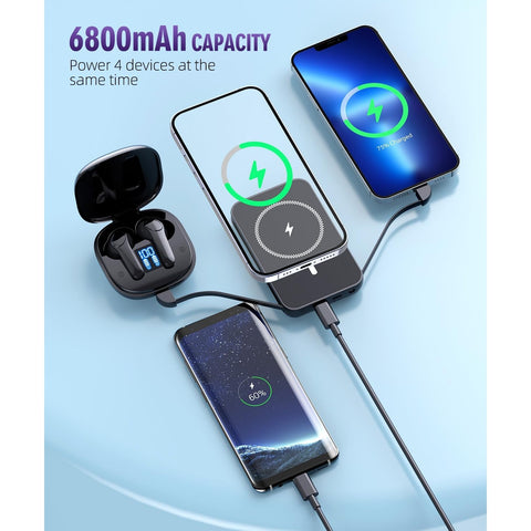 for Magnetic Power Bank, 6800mAh Wireless Portable Charger with PD30W Fast Charging, Battery Pack Built-in 2 Output Cables for iPhone 15/14/13/12 Series(Black)