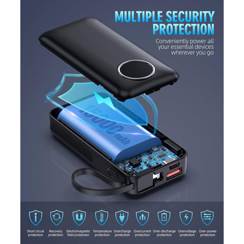 Portable Charger 15000mAh Battery Pack Built in Output Cables Fast Charging Equipped with LED Display for Most Electronic Devices