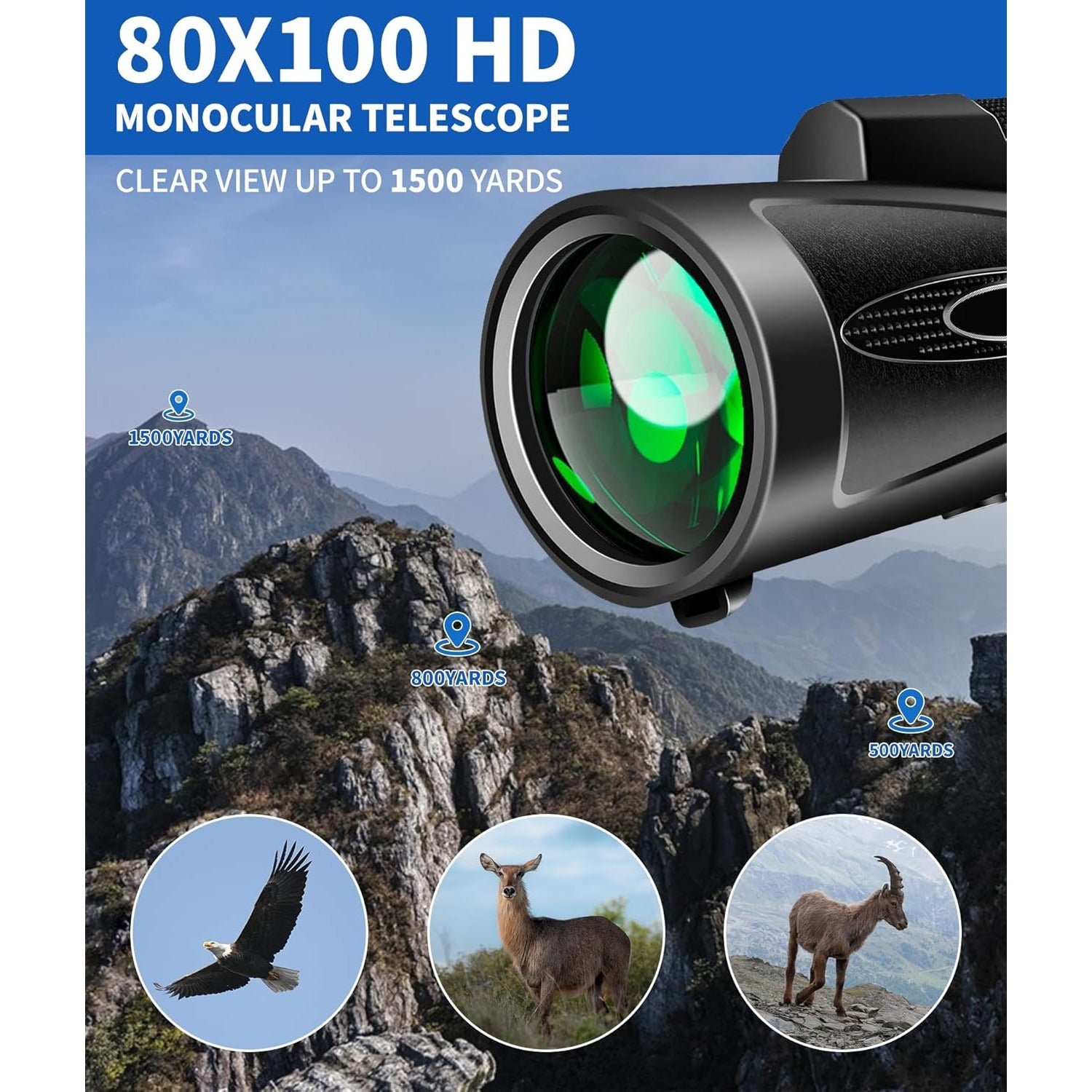 Monocular Telescope 80x100 High Power with Smartphone Adapter Tripod,Larger Vision Monoculars for Adults with BAK4 Prism & FMC Lens, Suitable for Bird Watching Hunting Hiking Camping Wildlife-Black