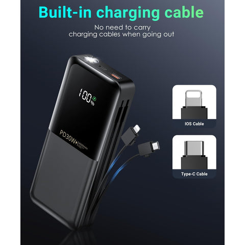 Portable-Phone-Charger - 40000mAh Power Bank PD30W Fast Charger Built-in 2 Detachable Output Cables, Flashlight and LED Display for iPhone and Android iPhone and Most Electronic Devices
