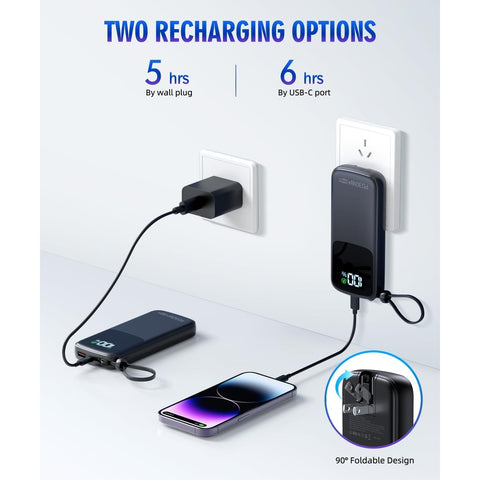 15000mAh Portable-Charger Power Bank Supports PD 30W Fast Charging Built-in AC Wall Plug and 2 Output Cables with LED Display for Most Electronic Devices(White)