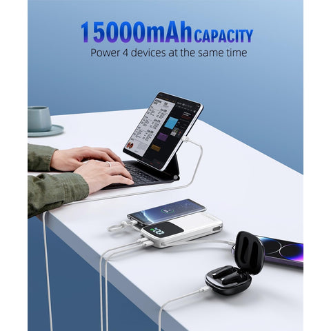 Portable Charger, 15000mAh Battery Pack Fast Charging Lightweight, Built-in AC Wall Plug and 2 Output Cables with LED Display for iPhone15 14 13 12 11 Samsung iPad etc(White)