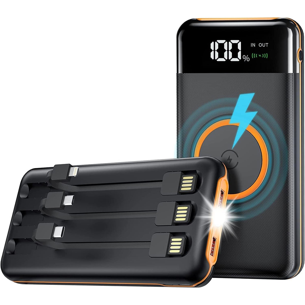 Portable 40,000mAh Mobile Power Charger with Flashlight, 5V3.1A Rapid Charger, Built-in Output/Input Cable, 10W Wireless Charger for Smart Devices and Cell Phones (Orange)