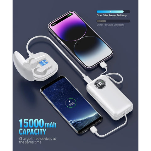 Portable Charger 15000mAh Battery Pack Built in Output Cables Fast Charging Equipped with LED Display for Most Electronic Devices