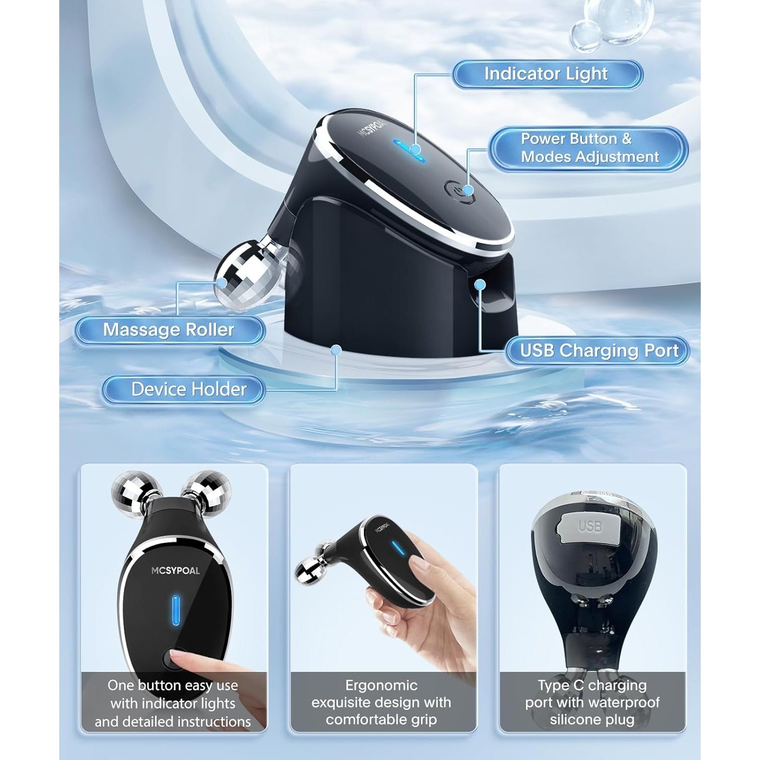 Micro-Current-Facial-Device, Face Roller Skin Care Tool, Face Massager Glossy White