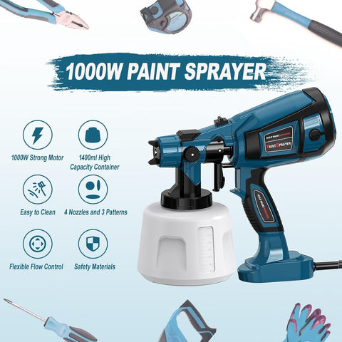 Spray Paint Tool 1000W Powerful Electric Spray Gun for Furniture Cabinets Fences Walls Doors Garden Chairs Blue