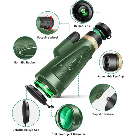 Monocular Telescope 80x100 High Power with Smartphone Adapter Tripod,Larger Vision Monoculars for Adults with BAK4 Prism & FMC Lens, Suitable for Bird Watching Hunting Hiking Camping Wildlife-Black