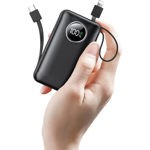 Portable Charger 15000mAh Battery Pack Built in Output Cables Fast Charging Equipped with LED Display for Most Electronic Devices