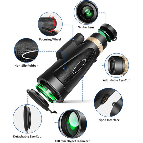 Monocular Telescope 80x100 High Power with Smartphone Adapter Tripod,Larger Vision Monoculars for Adults with BAK4 Prism & FMC Lens, Suitable for Bird Watching Hunting Hiking Camping Wildlife-Black